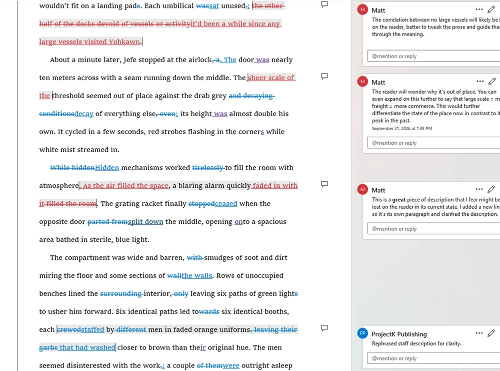 Book editor sample: tracked changes on a fiction manuscript page